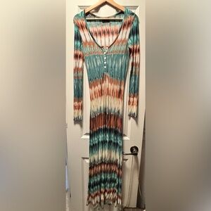 Torn by Ronny Kobo Teal and Brown Patterned Dress